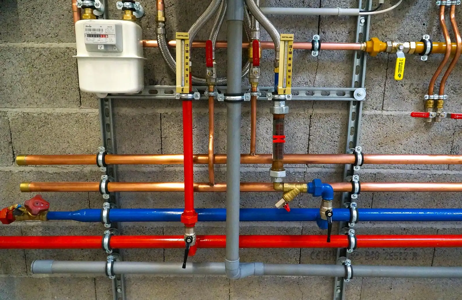 Un réseau de tubes multicouches rouges et bleus dans une chaufferie